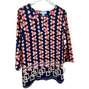Sag Harbor Size L Orange Tan Black Geometric Print Tunic Top Long Sleeves NWT